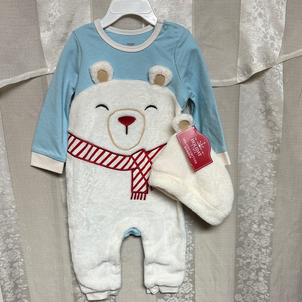 Holiday Time Christmas Polar Bear Critter Romper w/ hat Plush Size 12 Months NWT
